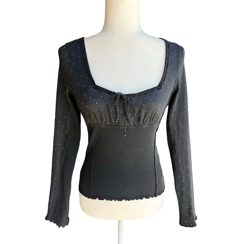We The Free x Free People $68 Love Lane Ribbed Tie-Front Long Sleeve S Boho Top
